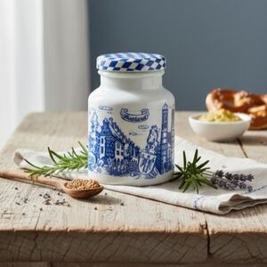 Vintage Milk Glass Munich Germany Mustard Jar Blue White Bavarian Kitchen Decor